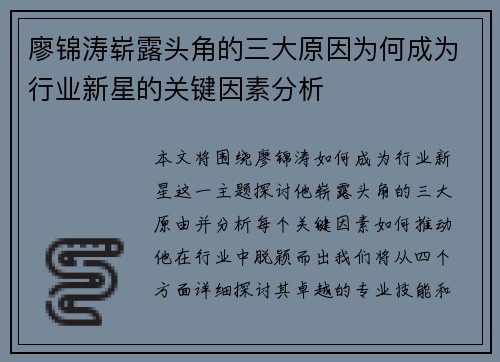 廖锦涛崭露头角的三大原因为何成为行业新星的关键因素分析