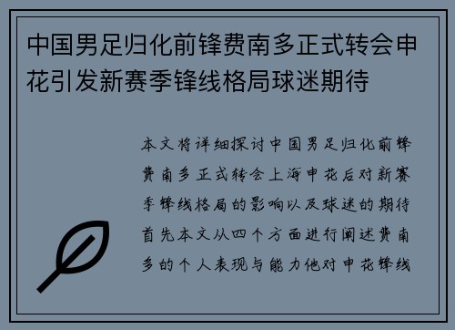 中国男足归化前锋费南多正式转会申花引发新赛季锋线格局球迷期待