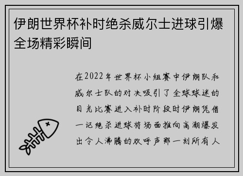 伊朗世界杯补时绝杀威尔士进球引爆全场精彩瞬间
